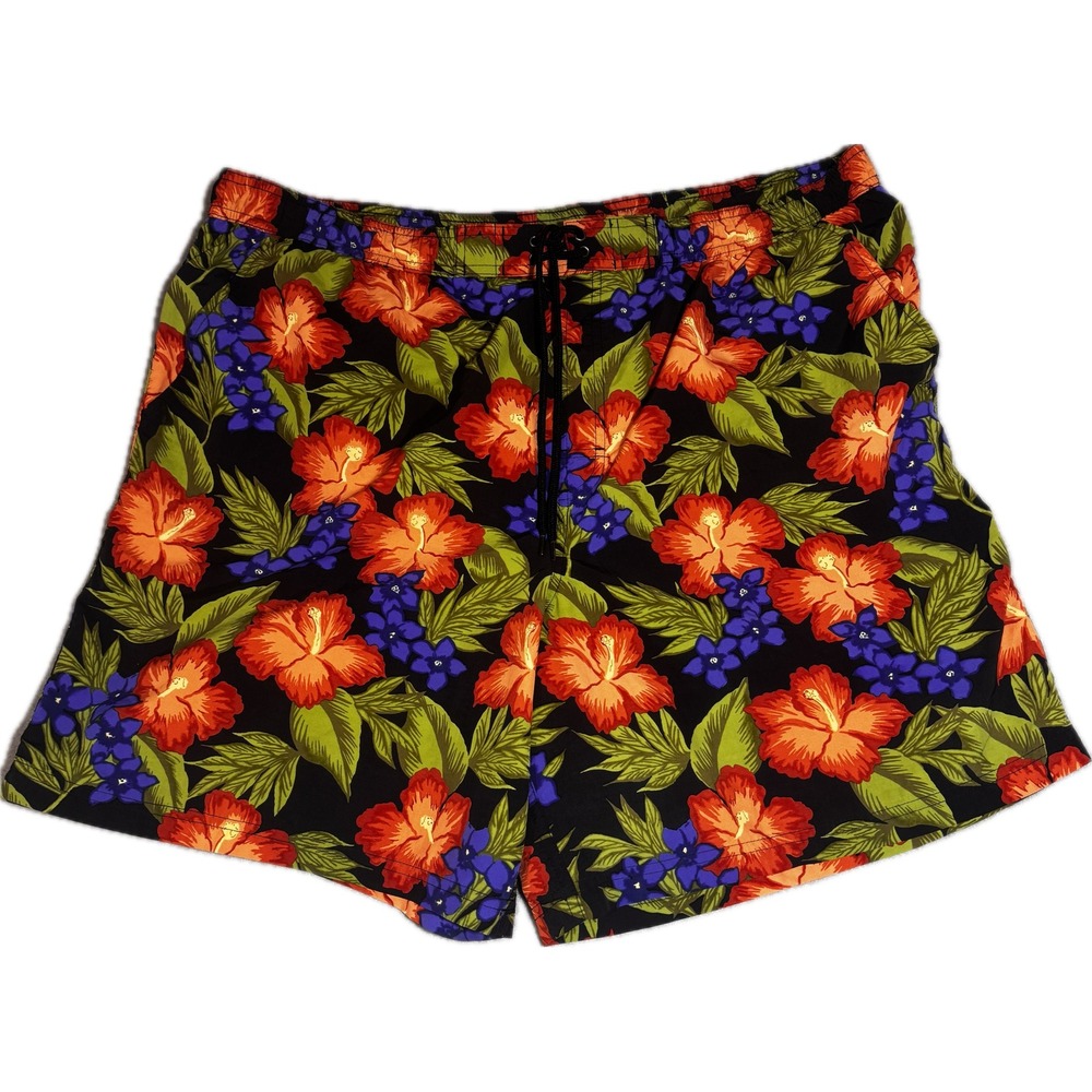 Mens‎ XL Tropical Hibiscus Floral Swim Trunks Black Orange Blue Board Shorts